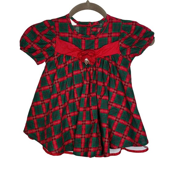 Bonnie Baby Red Green Plaid Bow Holiday Dress Toddler 24M Cotton - Picture 1 of 8